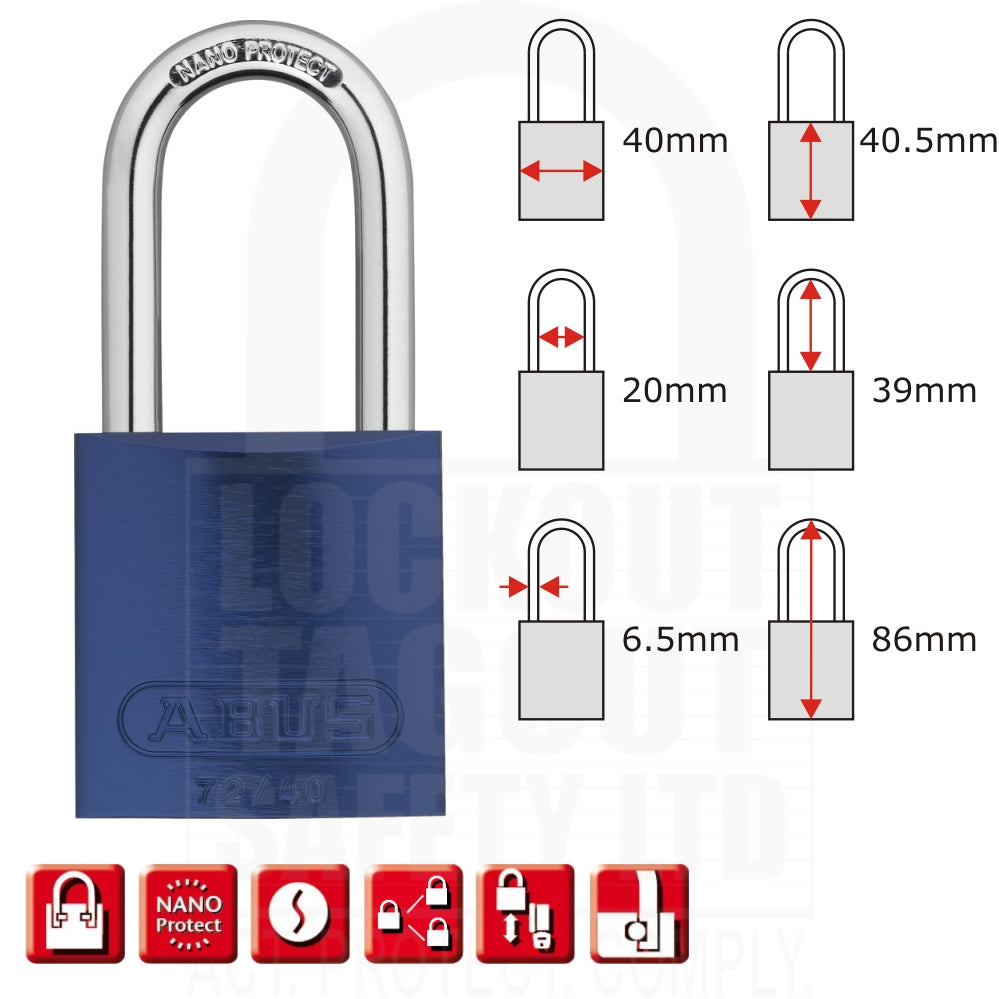 72/40HB40 Series Abus Aluminium Padlock Long Shackle 72/40HB40 Series Abus Aluminium Padlock Long Shackle